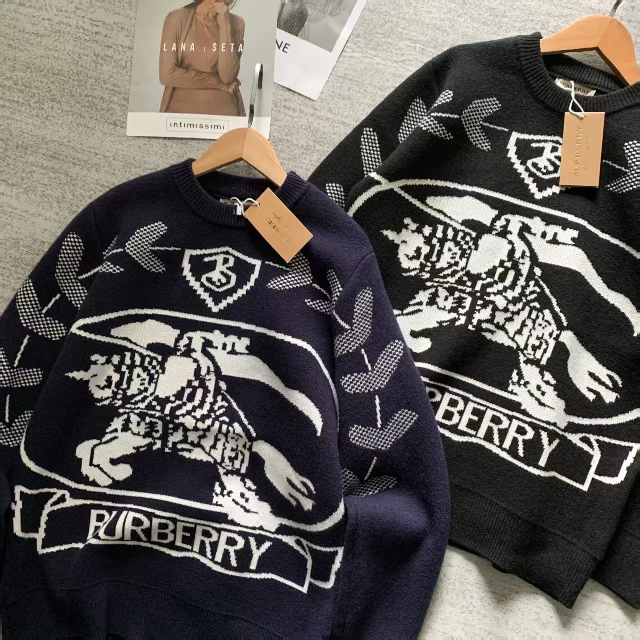 Burberry Knit Sweater Black Equestrian Logo Crewneck