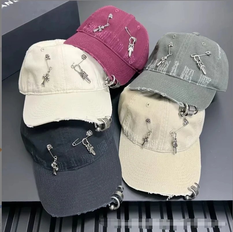 Distressed Denim Baseball Cap with Metal Cross and Dagger Charms in White Pink Gray Black Beige Punk Style