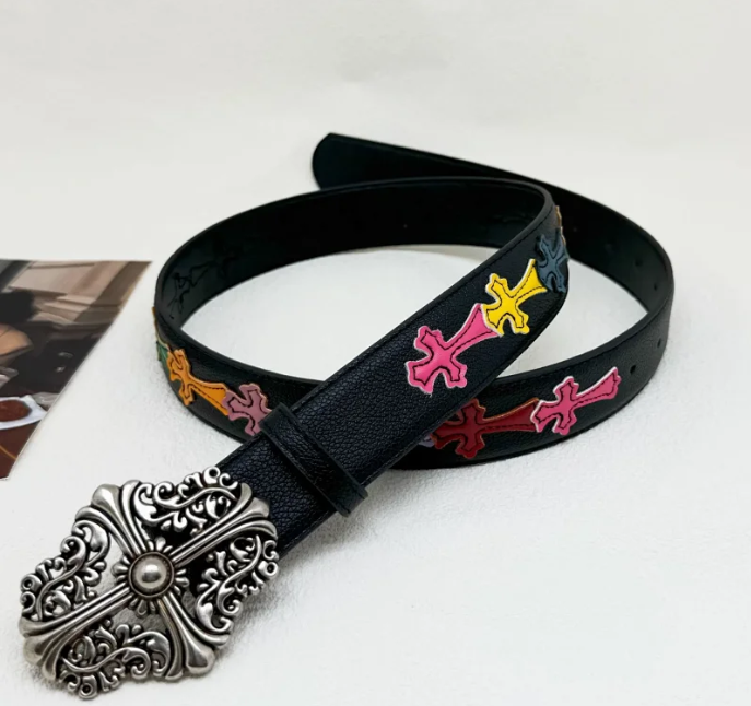 Chrome Hearts Colorful Cross Leather-Patch Belt - rep paski