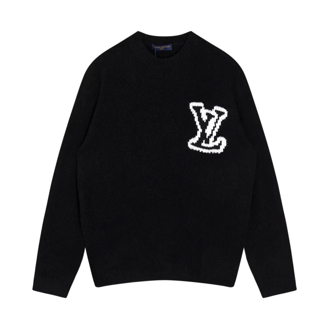 Louis Vuitton Knitwear Crewneck logo knit sweater — Jacquard Pullover Sweater-Black