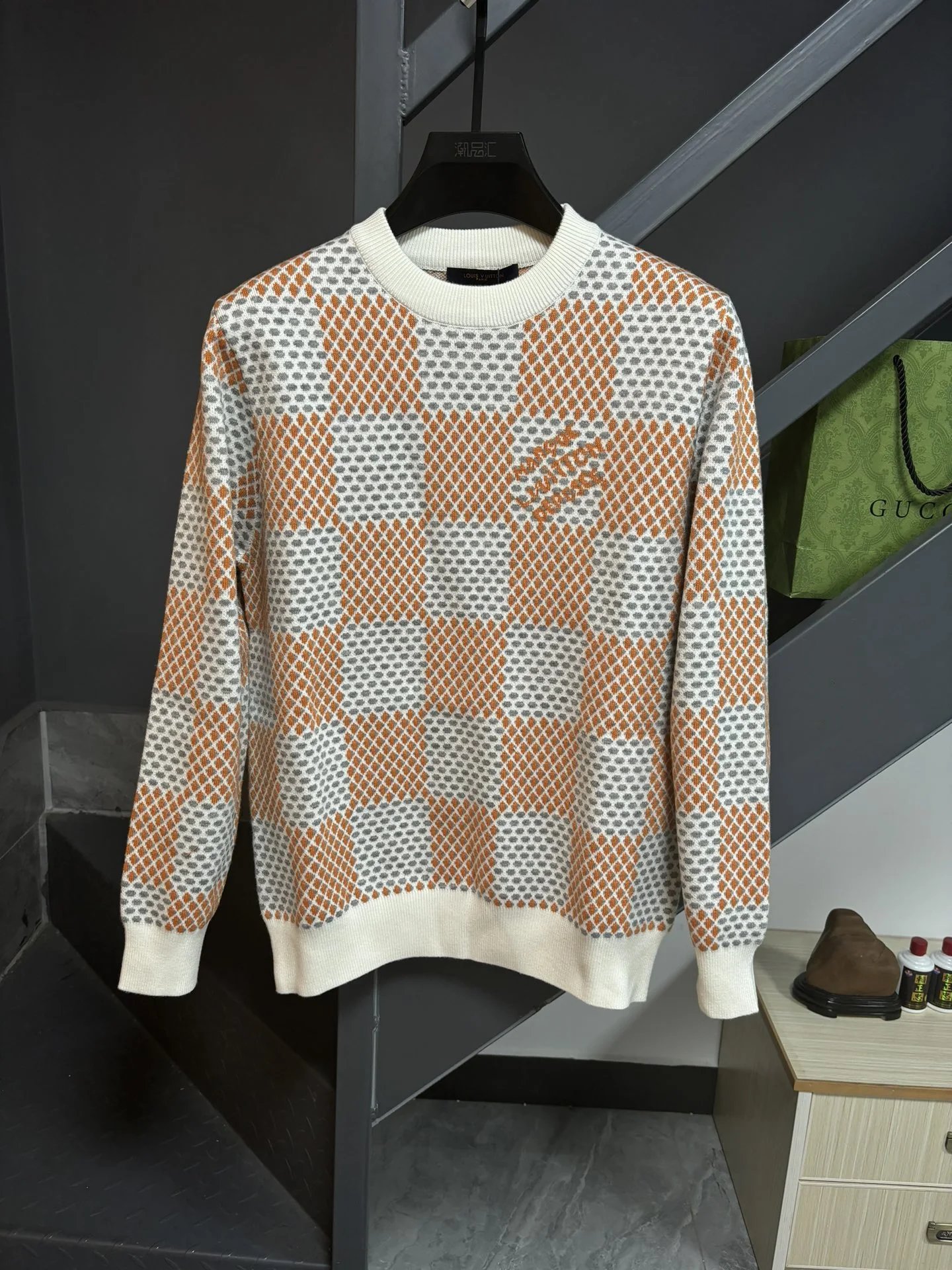 Louis Vuitton Knitwear Crewneck logo knit sweater — Checkered pattern-orange