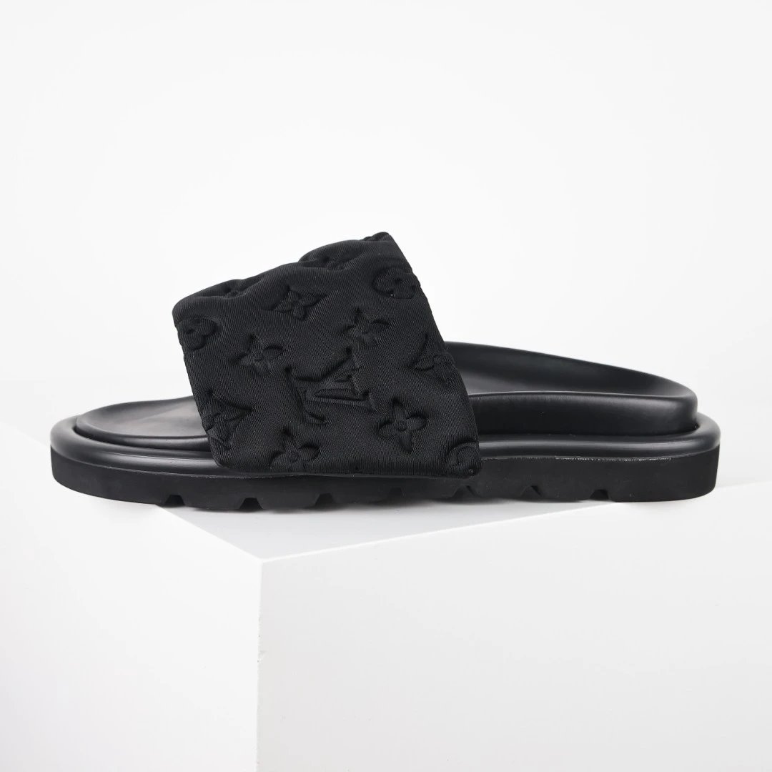 Louis Vuitton Slippers C8 Monogram Hook-and-Loop Strap Slides — LV slippers black