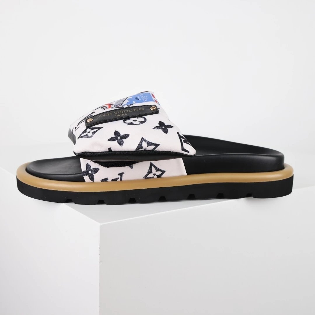 Louis Vuitton Slippers C8 Monogram Hook-and-Loop Strap Slides — LV slippers white brown