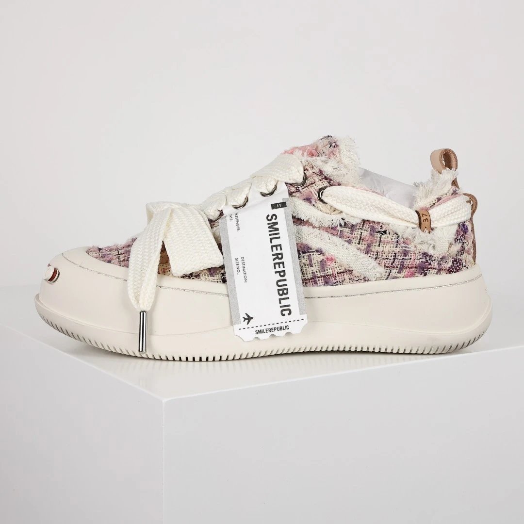 SMILEREPUBLIC Sneakers Frayed Canvas High-Top — Open Smile, Pink-White