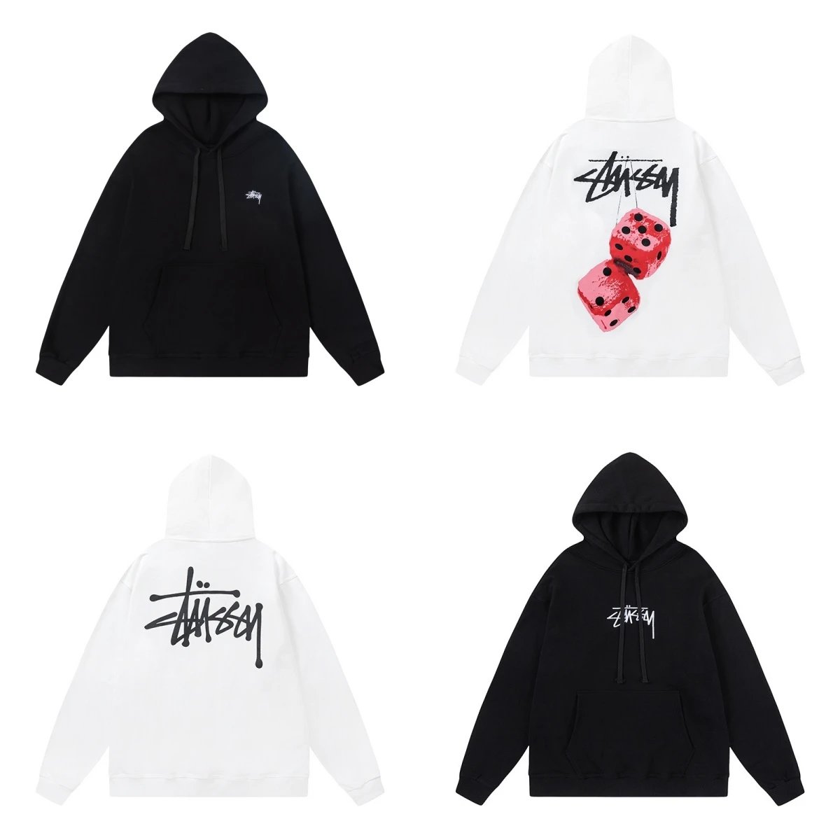 Stussy Black and White Hoodies with Dice and Logo Designs