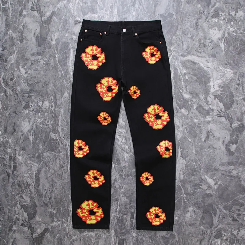 DENIM TEARS — Black Straight-Leg Jeans with Orange Floral Cluster Print