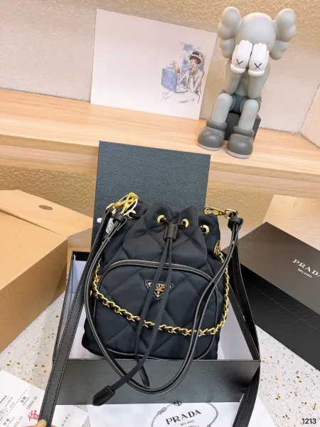 Prada Re-Nylon Quilted Bucket Bag Black with Gold Hardware Handbags - 1
