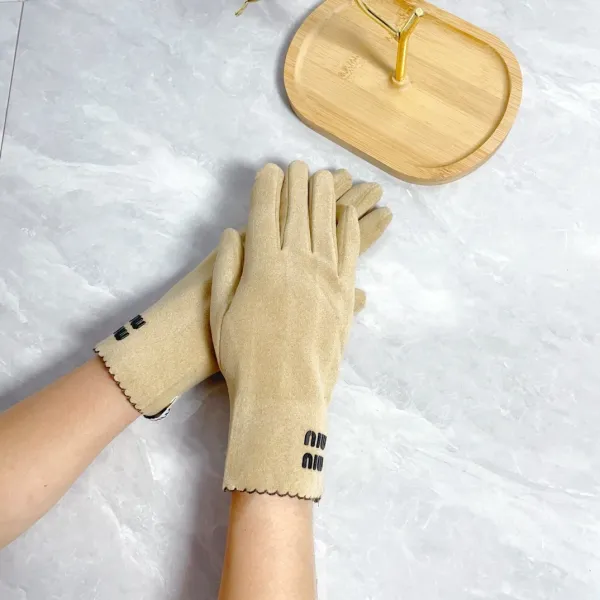 Miu Miu Logo-Embroidered Beige Suede Gloves - 1