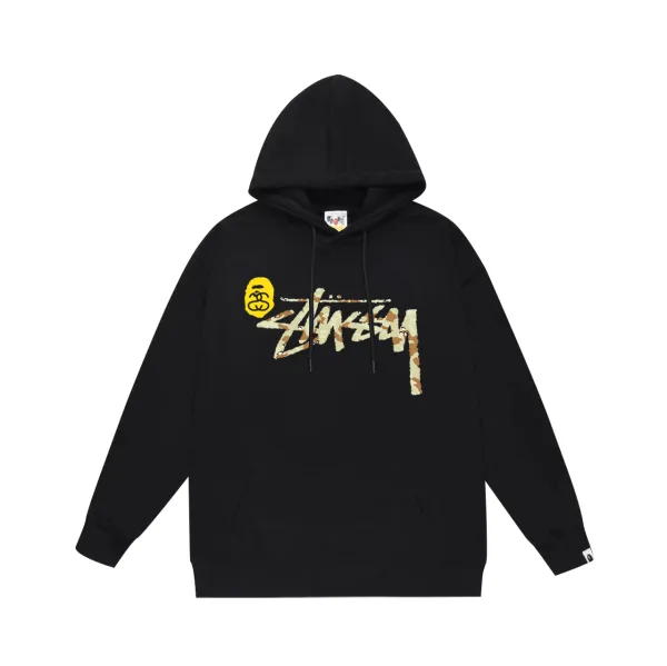Stussy x A Bathing Ape Camo Logo Hoodie Black - 1
