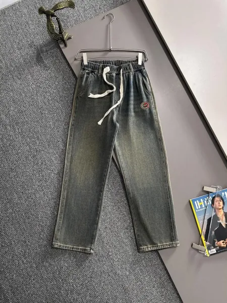 Gucci Logo Patch Drawstring Waist Jeans Gray - 1