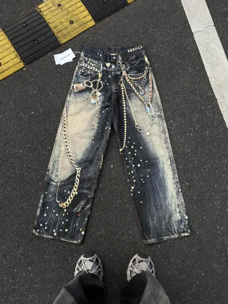 Acne Studios Chain-Adorned Distressed Wide-Leg Jeans Multicolor - 1