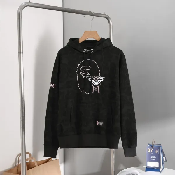 A Bathing Ape x Stussy Camo Outline Ape Head Hoodie Black - 1