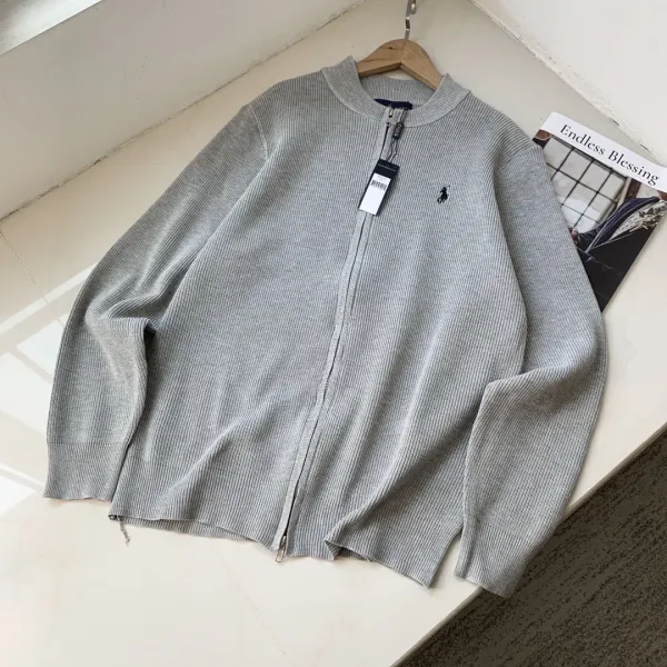 Ralph Lauren Polo Bear Ribbed Zip-Up Sweater Gray - 1