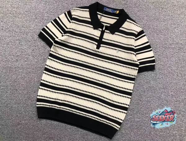 Polo Ralph Lauren Striped Knit Polo Black and Cream Tops Polo - 1