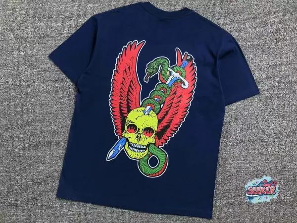 Design Winged Skull Snake Graphic Navy T-Shirt - 1