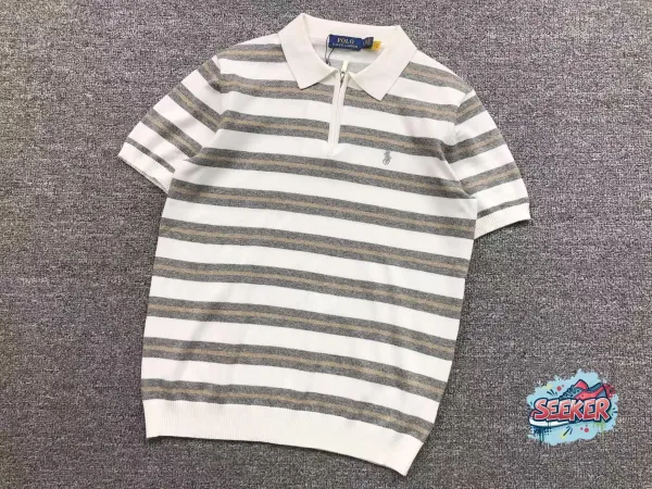 Polo Ralph Lauren Striped Half-Zip Polo White Gray Beige Tops Polo - 1