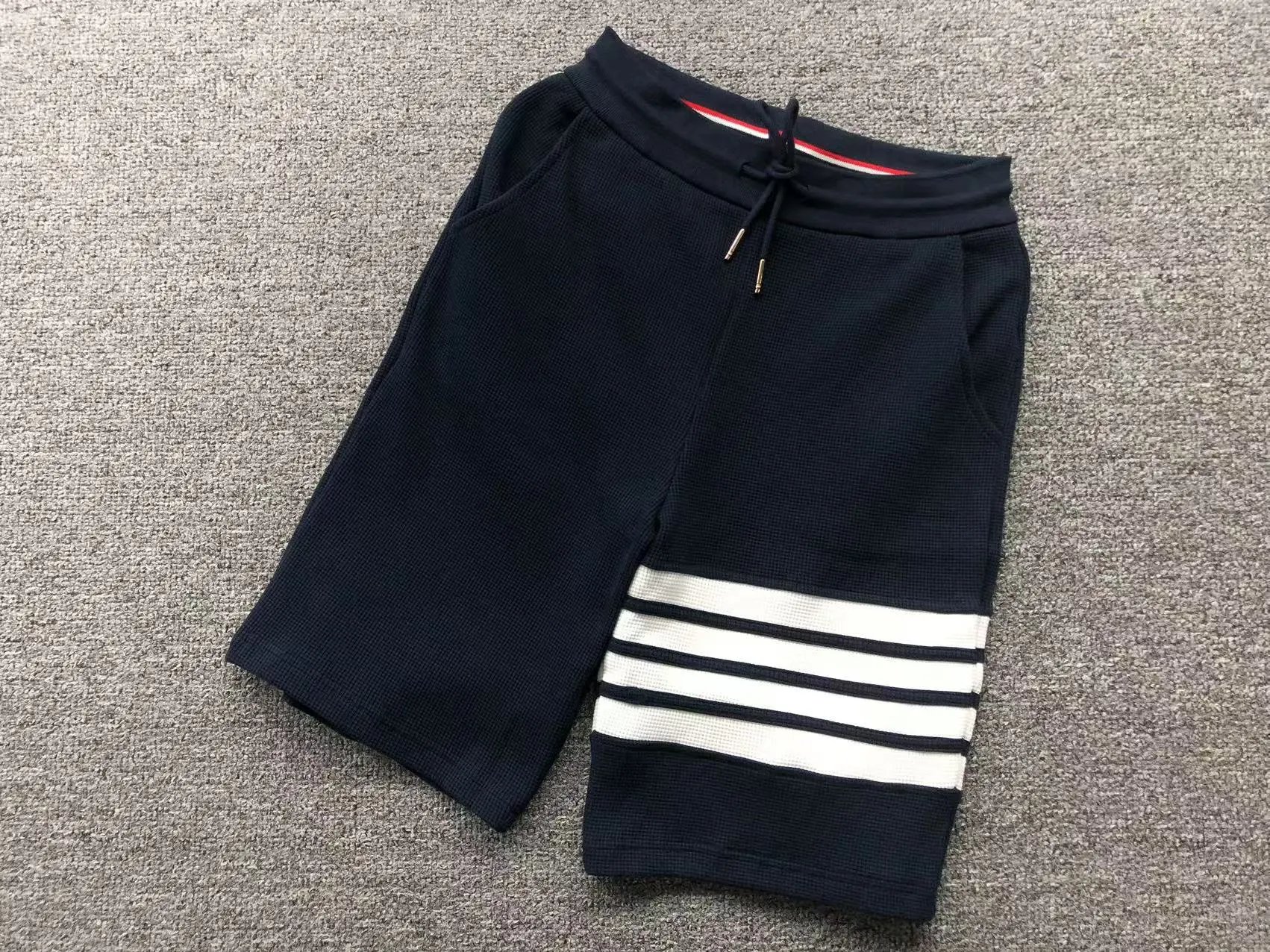 Thom Browne Stripe-Trimmed Waffle Knit Shorts Black - 6