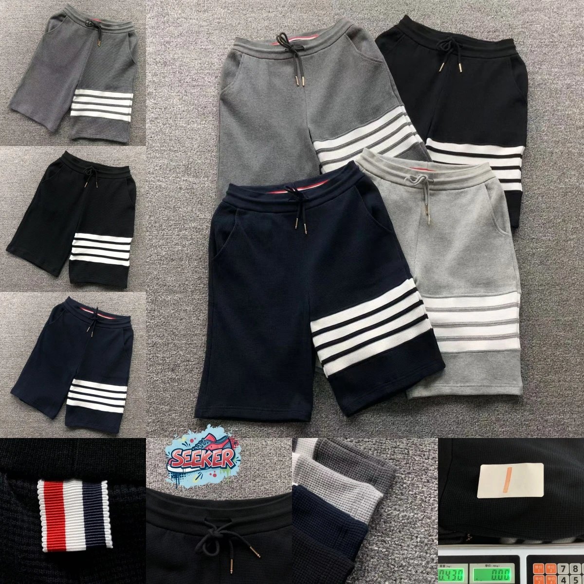 Thom Browne Stripe-Trimmed Waffle Knit Shorts Black - 3