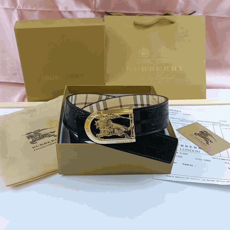 Burberry Black and Beige Reversible Belt with Gold Buckle