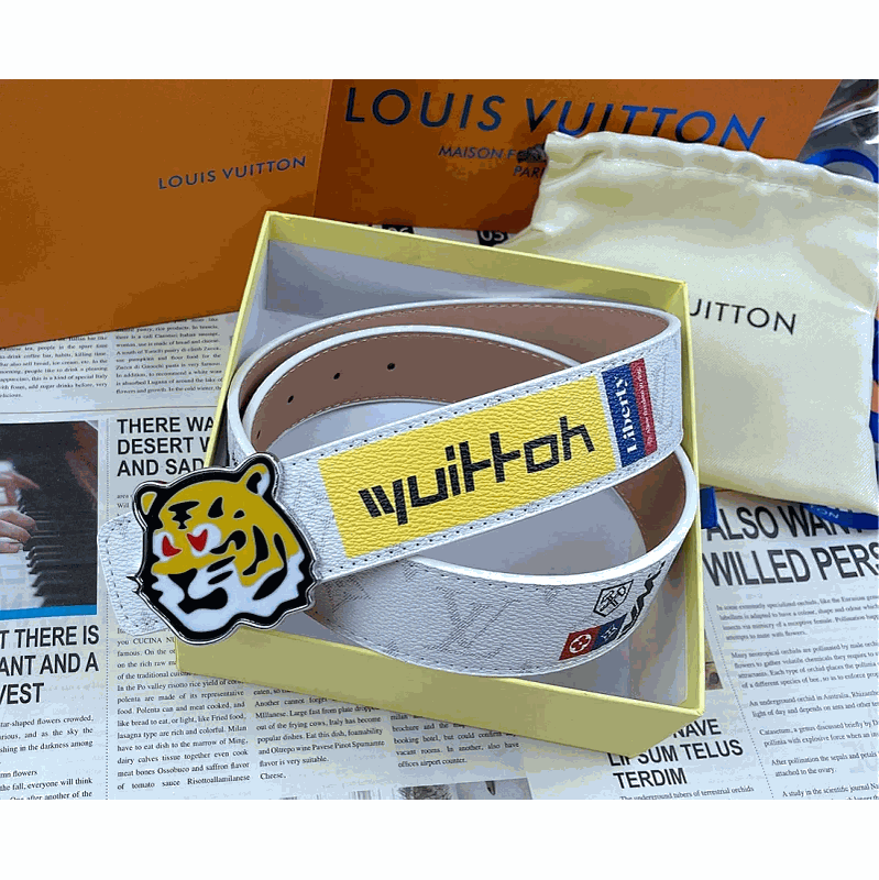 Louis Vuitton White Leather Belt with Tiger Buckle