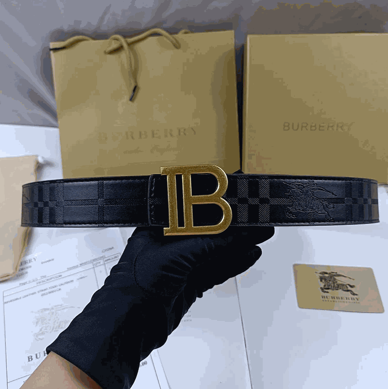 Burberry Black Check Belt with Gold Buckle