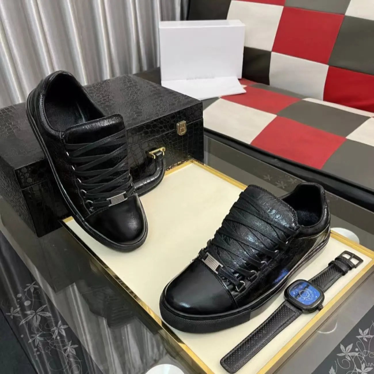 Design Black Croc-Embossed Lace-Up Sneakers with Metal Accent