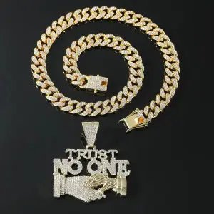 Design Custom 'Trust No One' Cuban Link Chain Necklace with Diamond-Encrusted Pendant Jewelry
