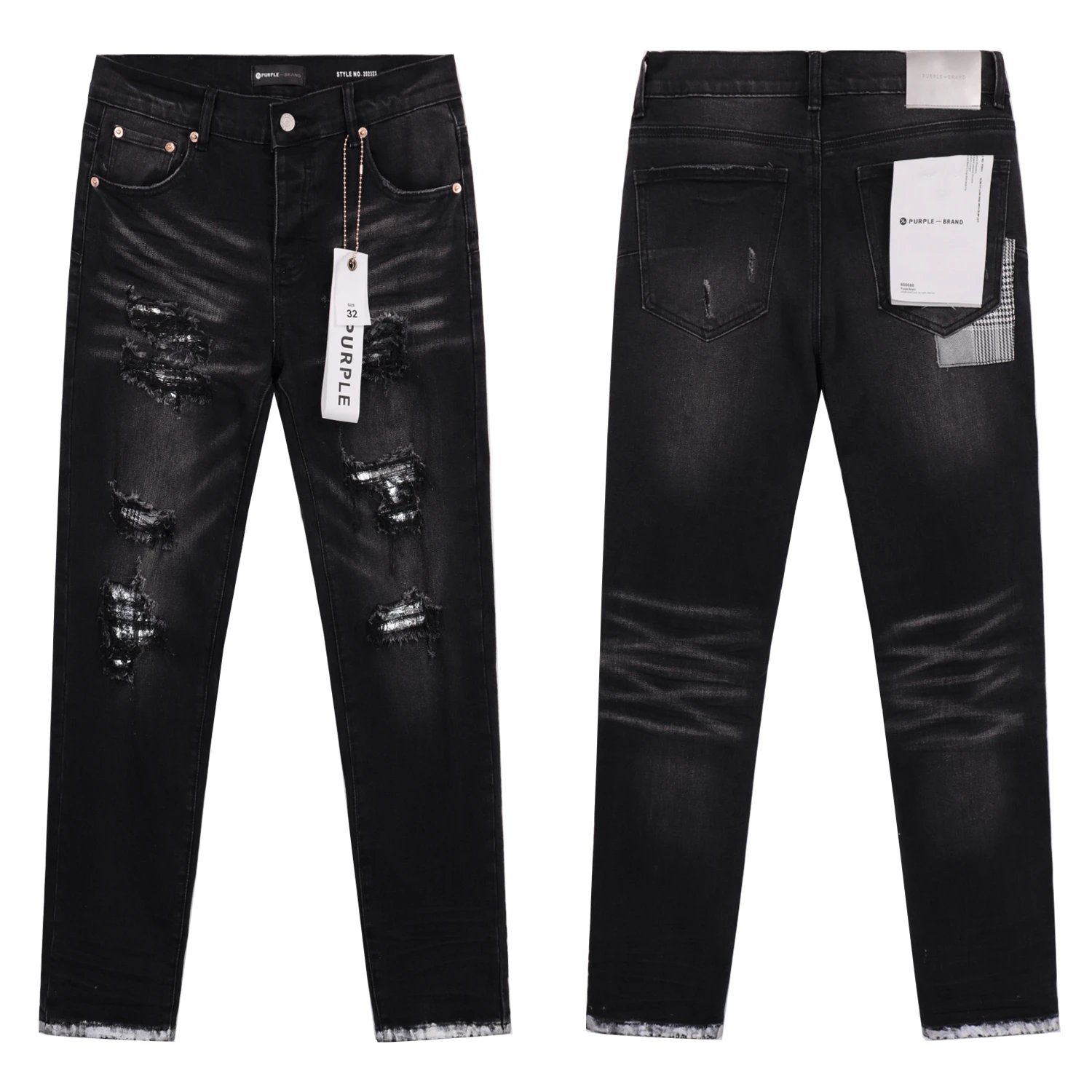 Purple Brand Jeans Black Distressed Plaid Patch