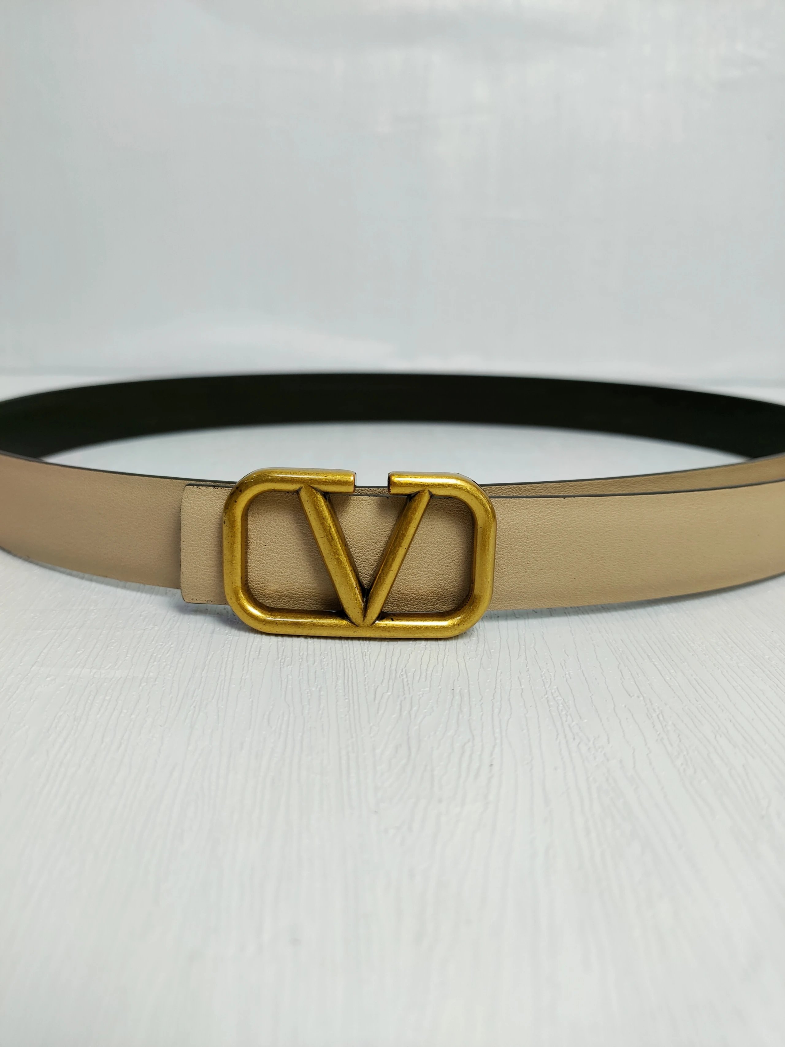 Valentino VLogo Signature Reversible Belt Gold Buckle Beige Black