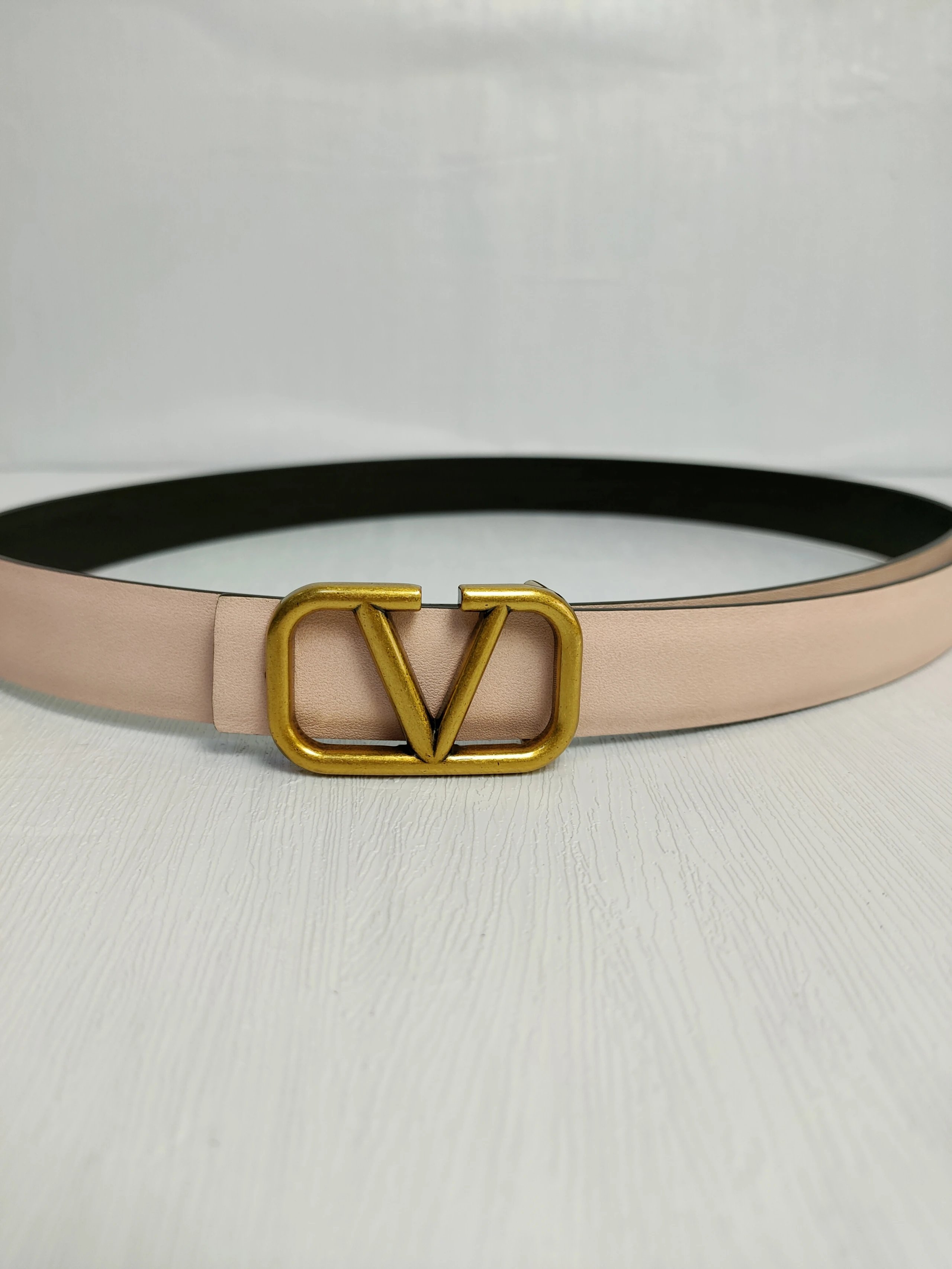 Valentino VLogo Reversible Leather Belt Pink Gold Buckle