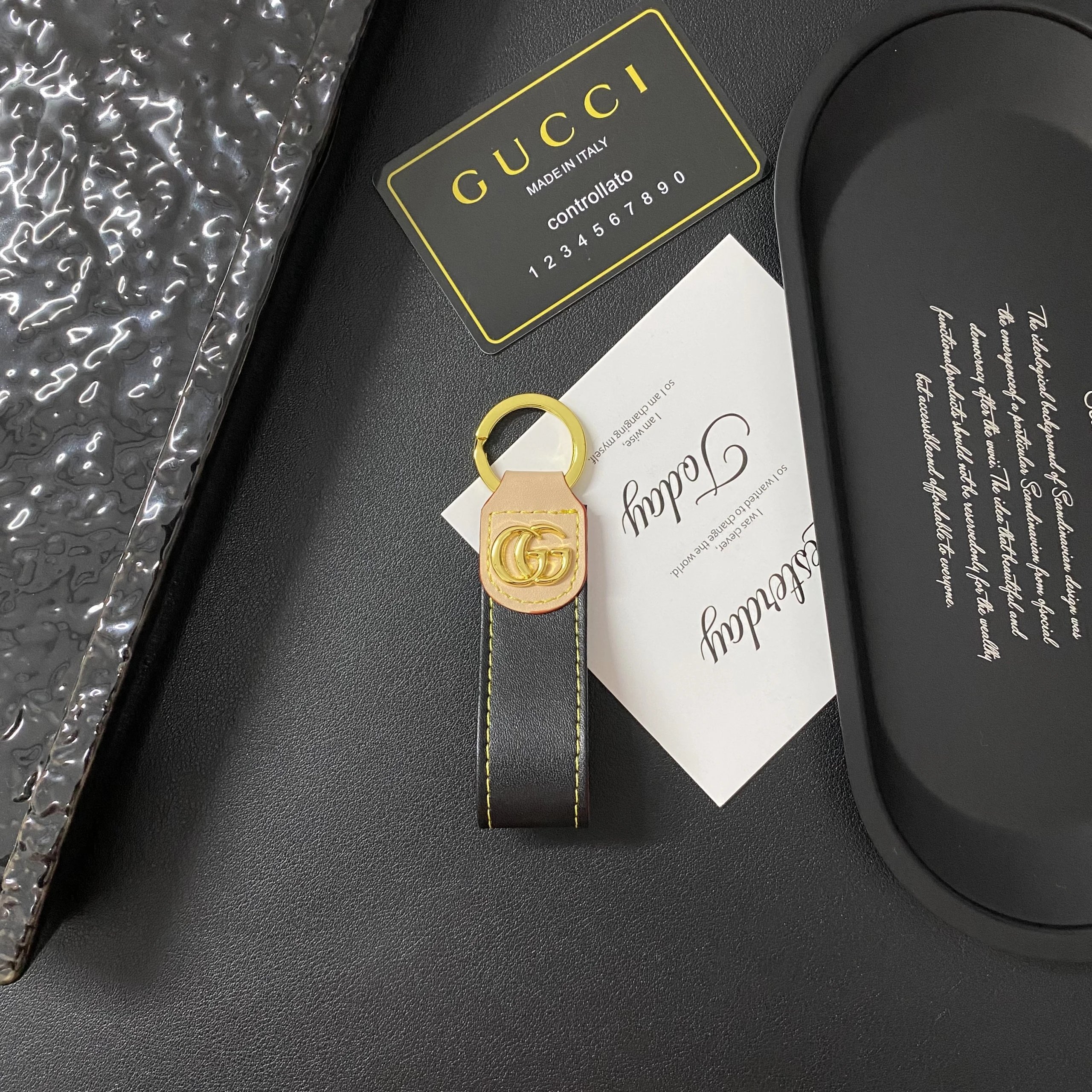 Gucci GG Marmont Key Ring Tan Smooth Leather with Gold Double G Hardware