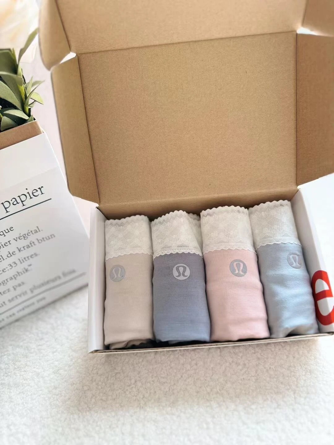 Lululemon Women's Lace-Trim Hipster Underwear 4-Pack Beige Grey Pink Blue