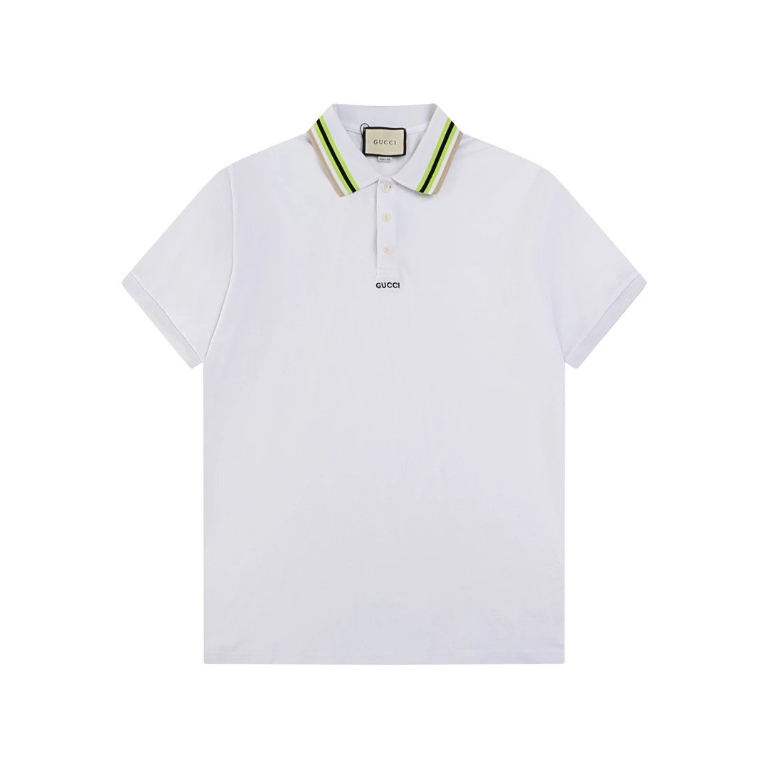 Gucci Logo Center Polo White Neon Green Stripe Collar