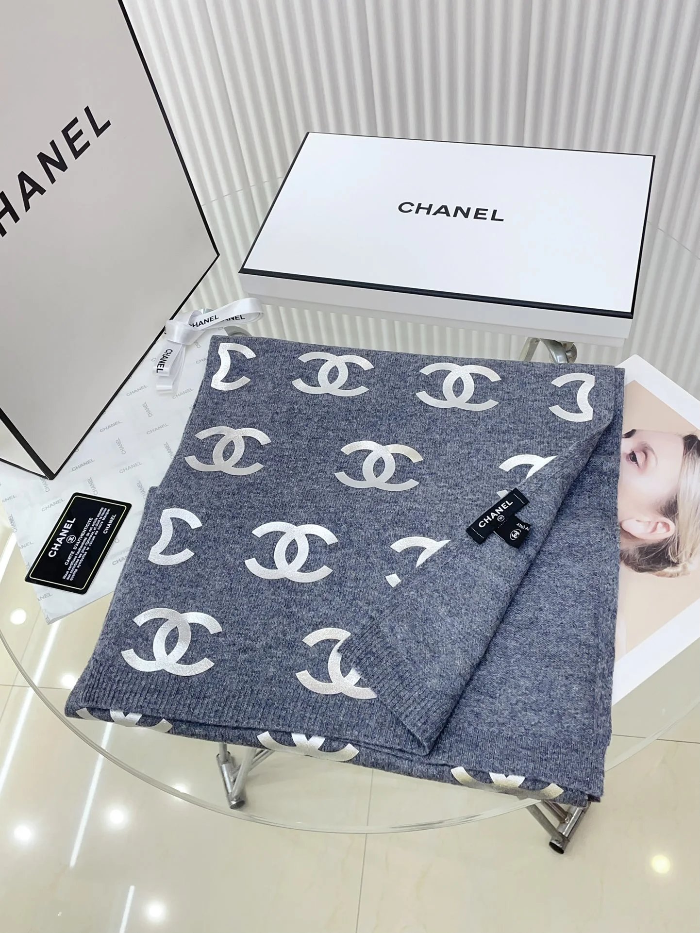 Chanel Patchwork Ribbed Knit Scarf Navy - 7