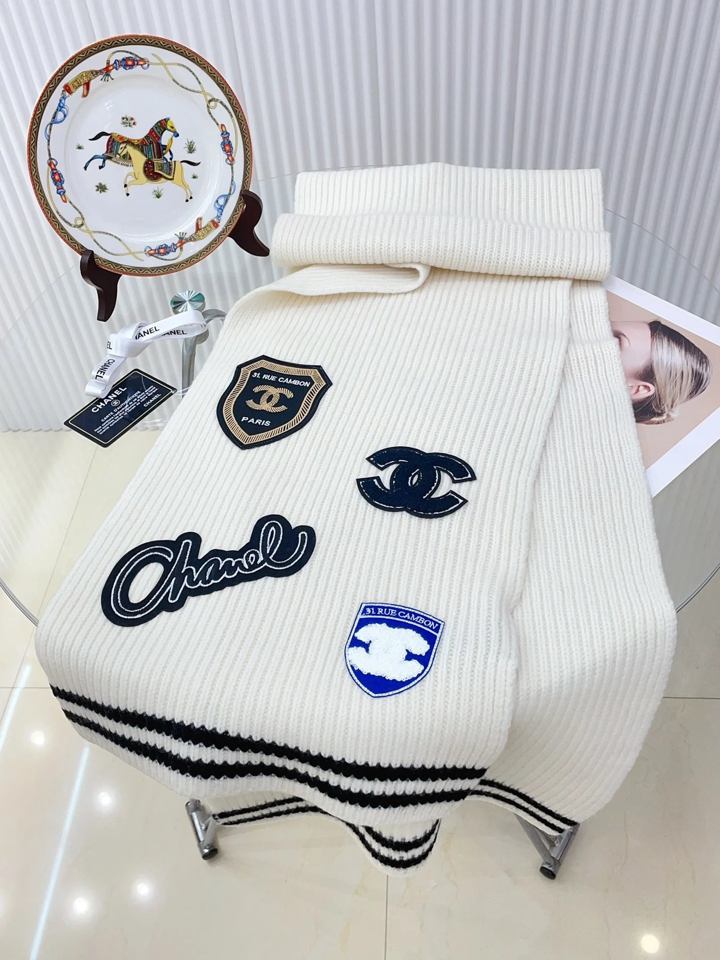 Chanel Patchwork Ribbed Knit Scarf Navy - 8