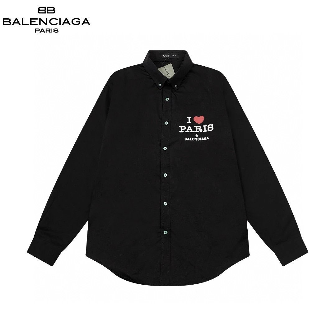 Balenciaga I Love Paris Graphic Button-Up Shirt Black