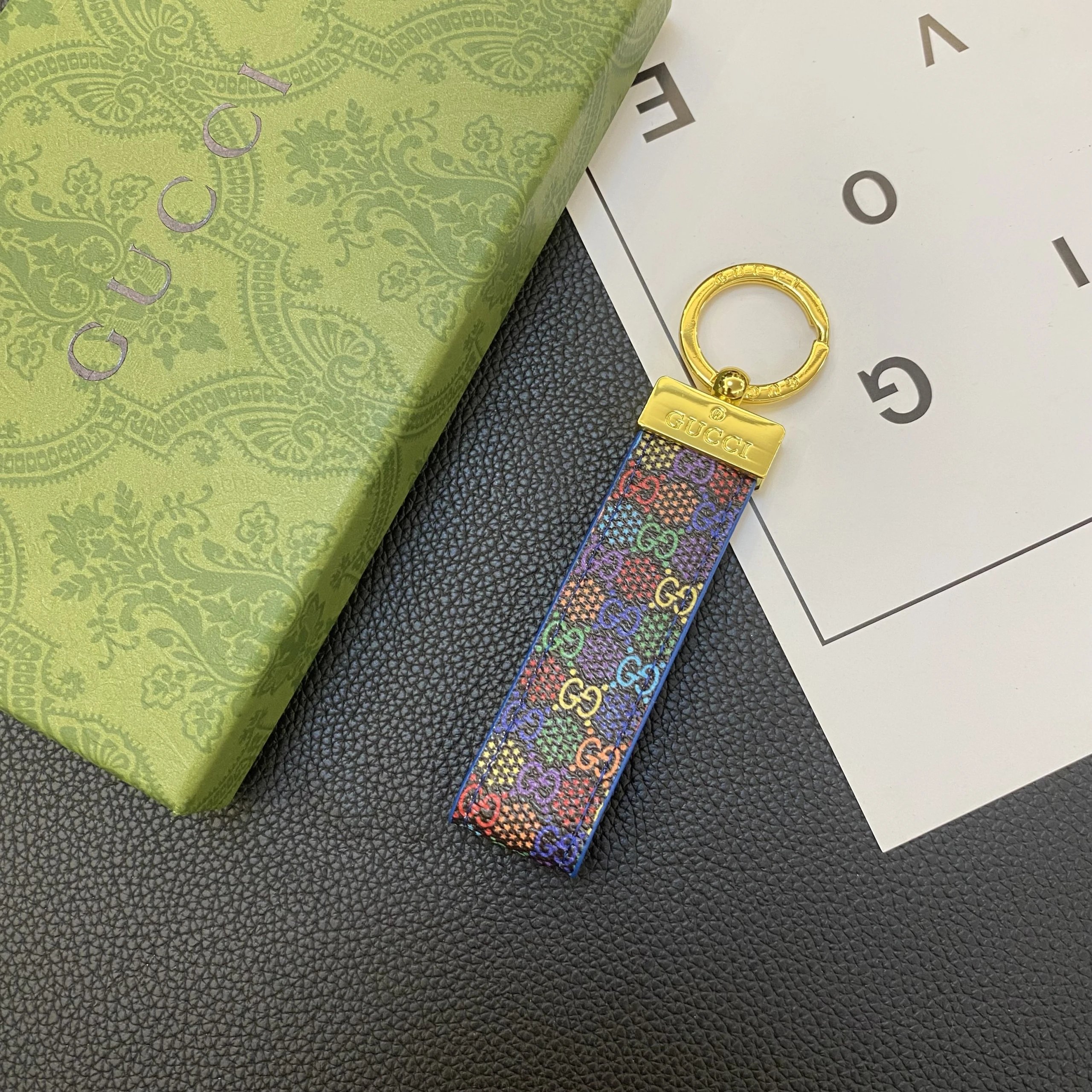 Gucci GG Supreme Psychedelic Multicolor Canvas Keychain Strap with Gold Hardware