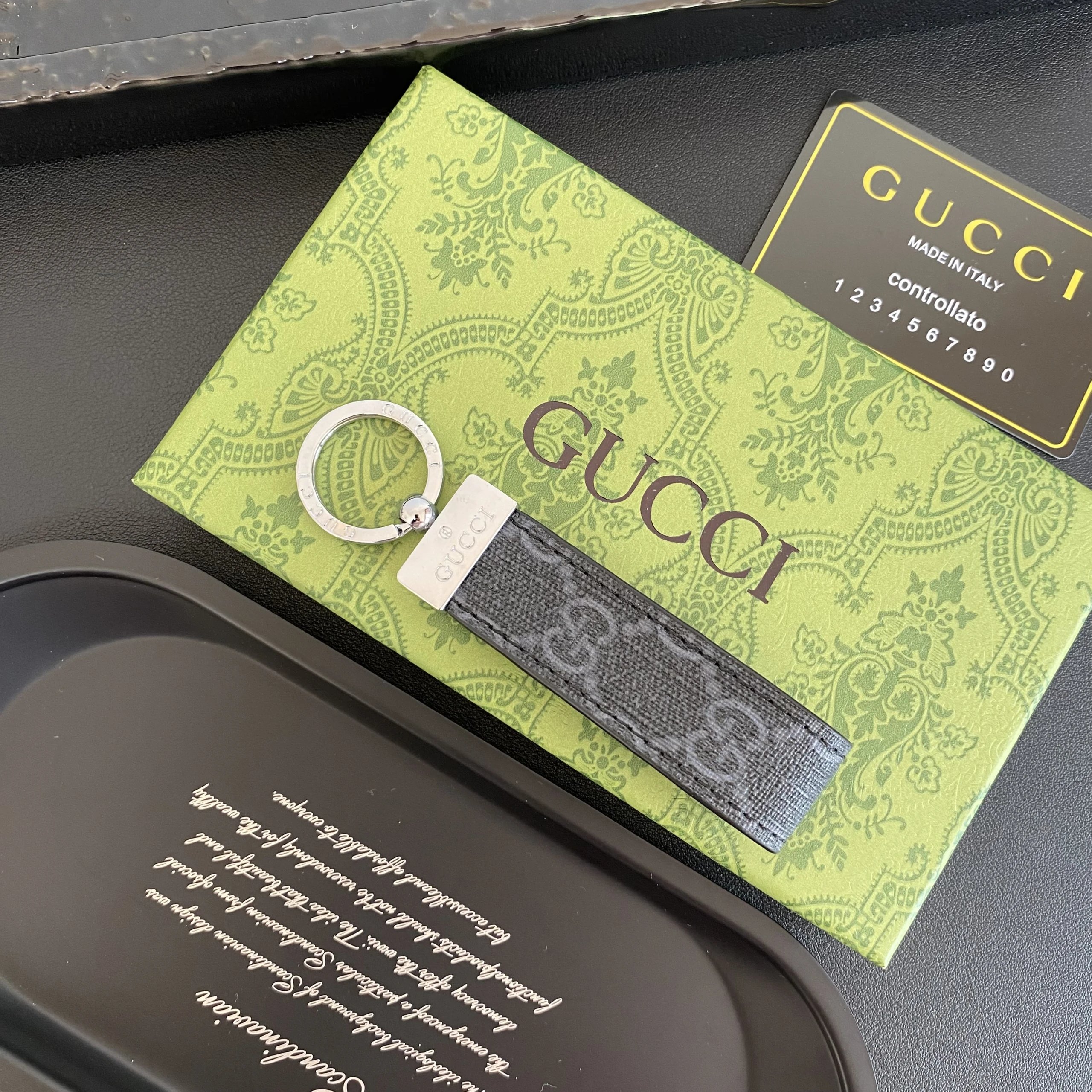 Gucci GG Supreme Canvas Keychain Strap Grey/Black Monogram with Silver Hardware and Box