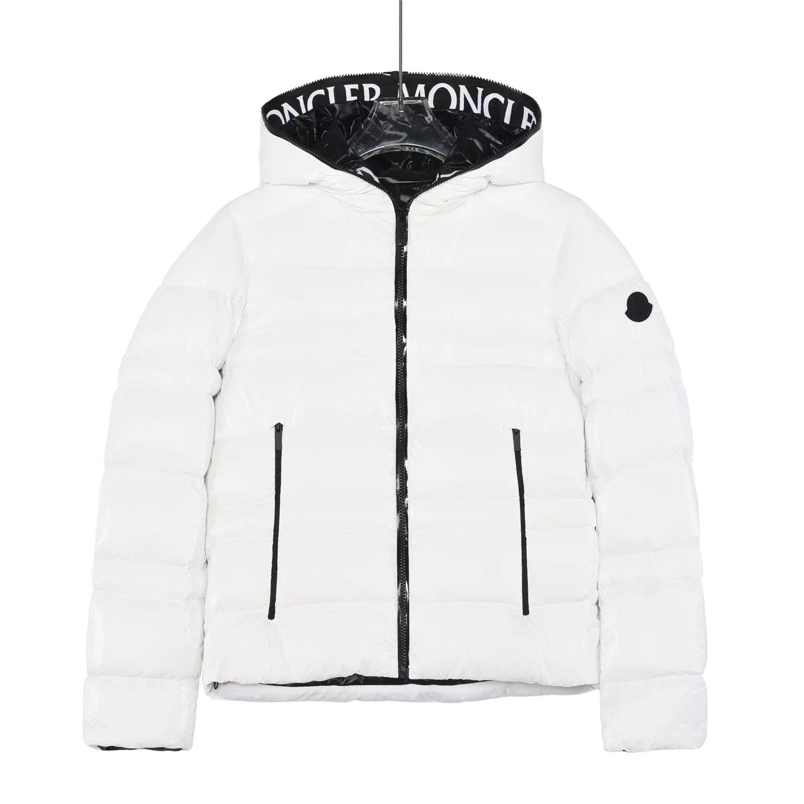Moncler Maya Black Glossy Down Jacket with White Chevron Sleeve - 10
