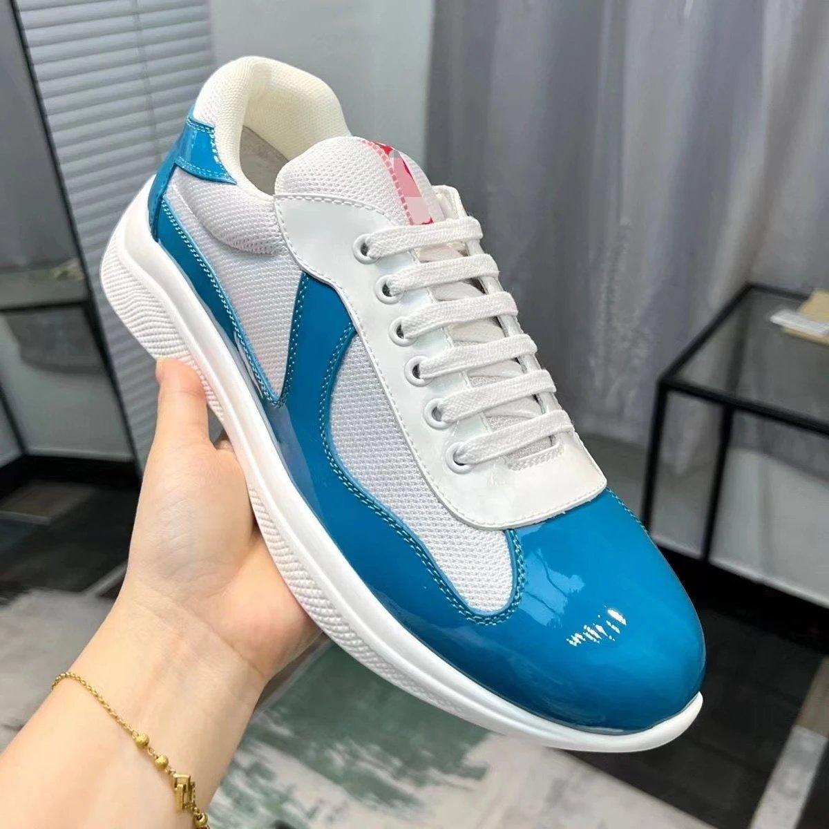 Color-Blocked Denim Pants with White and Blue Panels