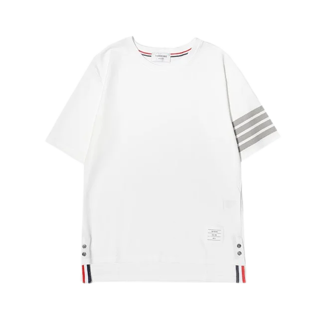 Thom Browne T-Shirts Logo-print short-sleeve T-shirt with tricolor hem detail product detail image 9