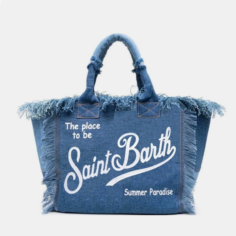 Saint Barth Handbags Fringed logo tote bag — Solid-color denim