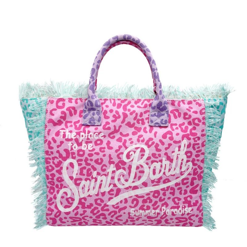 Saint Barth Handbags Fringed logo tote bag — Leopard print patchwork