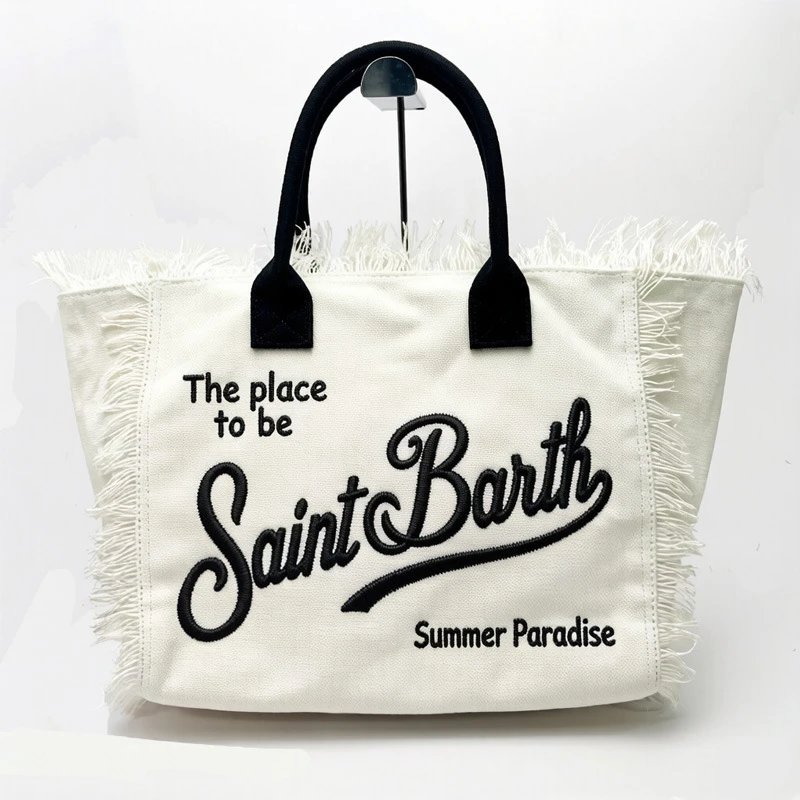 Saint Barth Handbags Fringed logo tote bag — white
