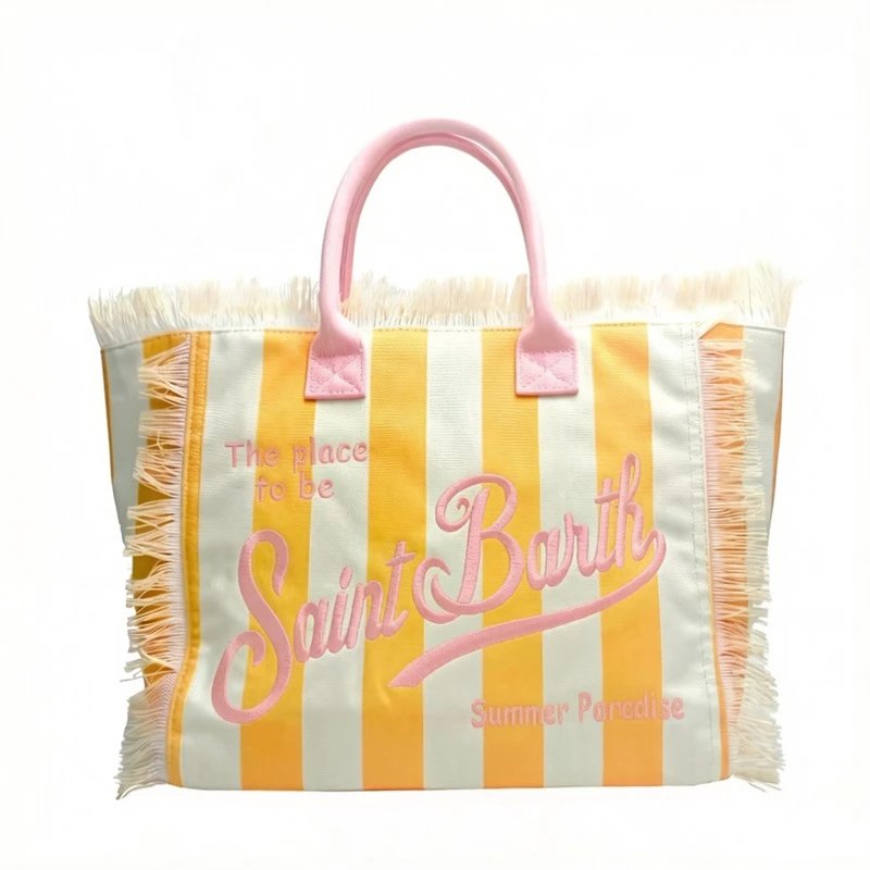 Saint Barth Handbags Fringed logo tote bag — Vertical yellow (pink characters)