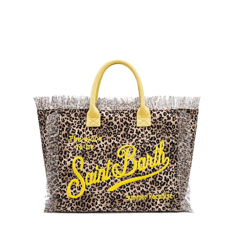 Saint Barth Handbags Fringed logo tote bag — Leopard-print yellow