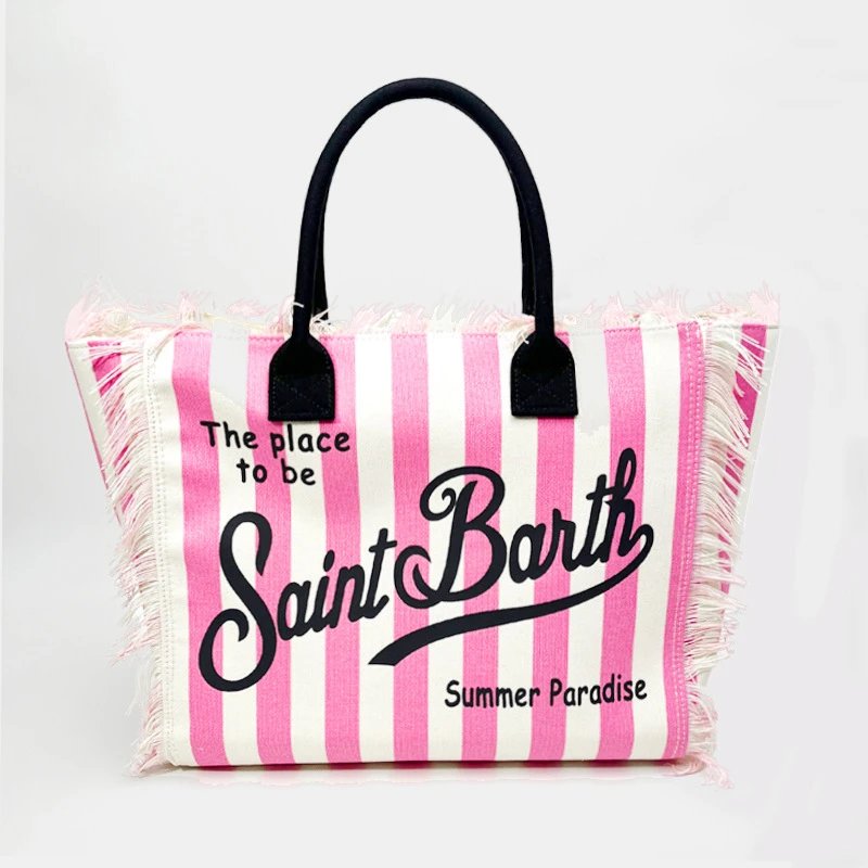 Saint Barth Handbags Fringed logo tote bag — Vertical pink and white