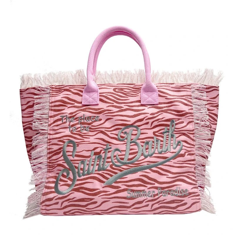 Saint Barth Handbags Fringed logo tote bag — Zebra pink