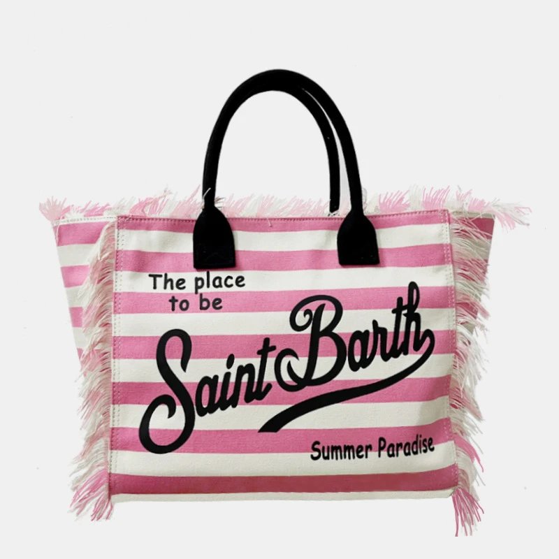 Saint Barth Handbags Fringed logo tote bag — horizontal powder