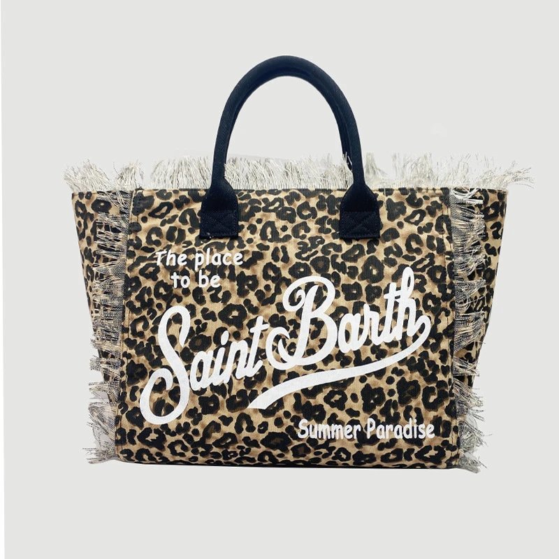 Saint Barth Handbags Fringed logo tote bag — Leopard print black